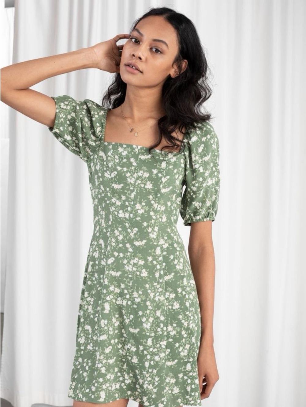 & other stories Green Floral Puff-Sleeve Mini Dress